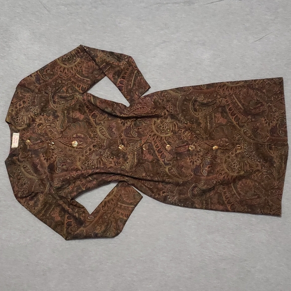 Vintage Hand Made Earthy Paisley Button Up Winter Long Sleeved Midi Sheath Dress - Picture 3 of 11